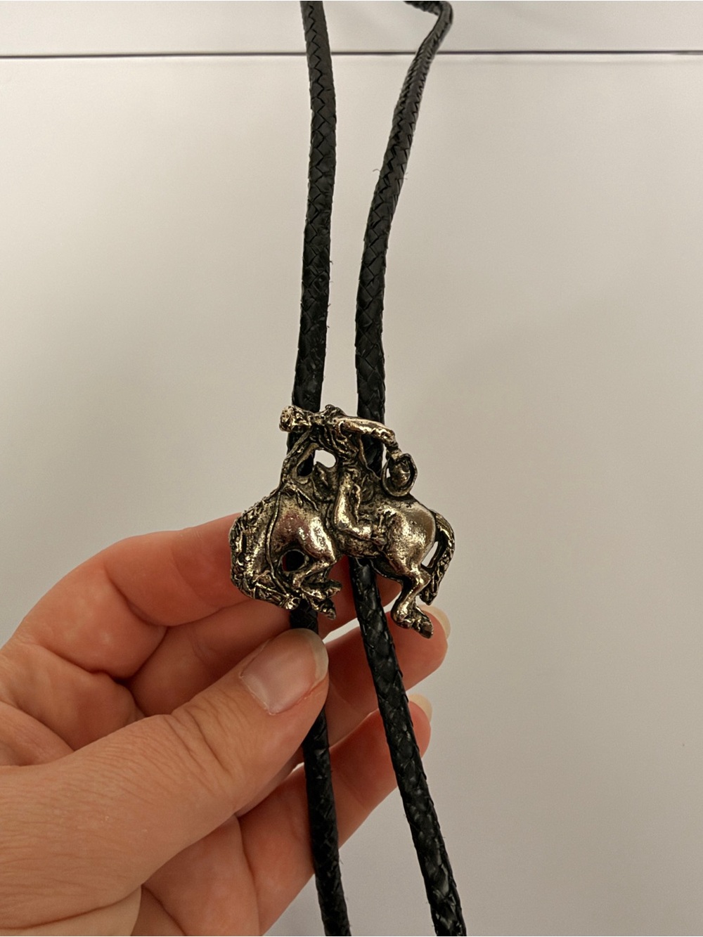 AS IS Black Braided Leather Bolo Tie with Silver Tone Horse Accent